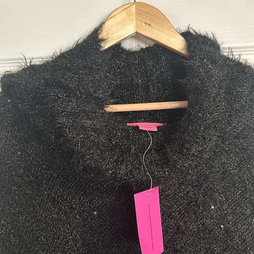 NWT Betsey Johnson Black Soft Cowl neck Fringe Shrug Poncho - Picture 4 of 6